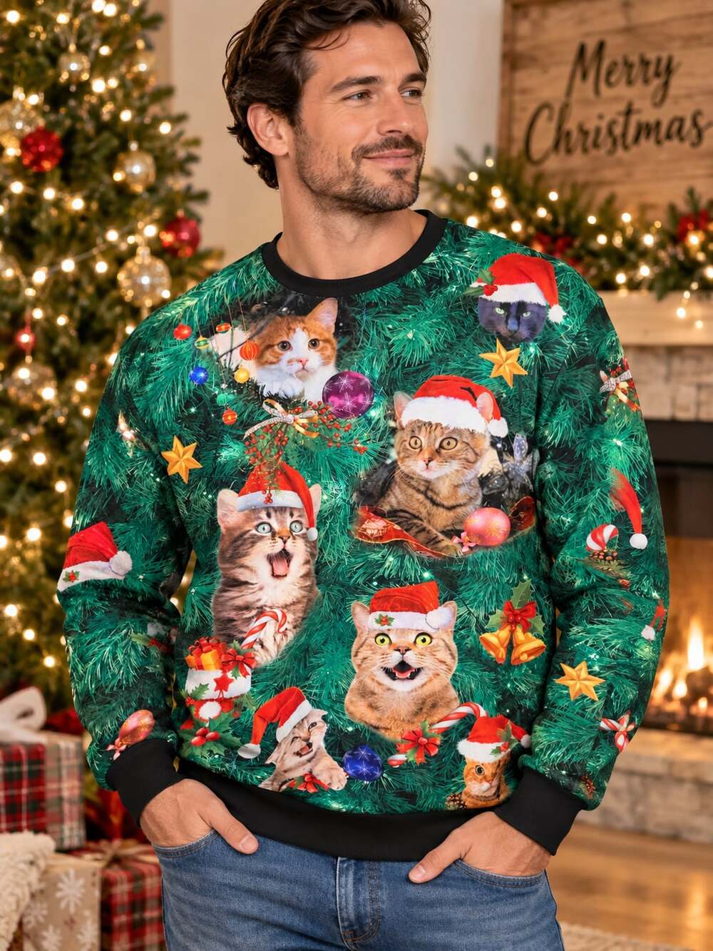 RAISEVERN Cat Christmas Sweatshirt Size 3XL Green Ugly Holiday Pullover